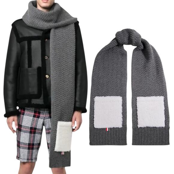 Thom Browne Shearling Trimmed Knit Wool Scarf Men Dark Grey 85" - Picture 1 of 9